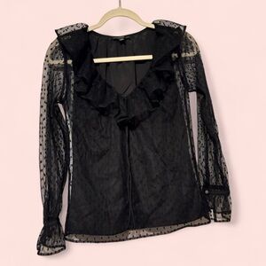 J Crew whimsy goth Swiss dot ruffled black top‎ with sheer sleeves and ruffles